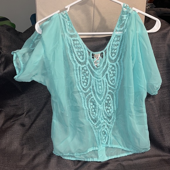 Light Blue Sheer Button Blouse - Embroidered Back - size s - Picture 2 of 3